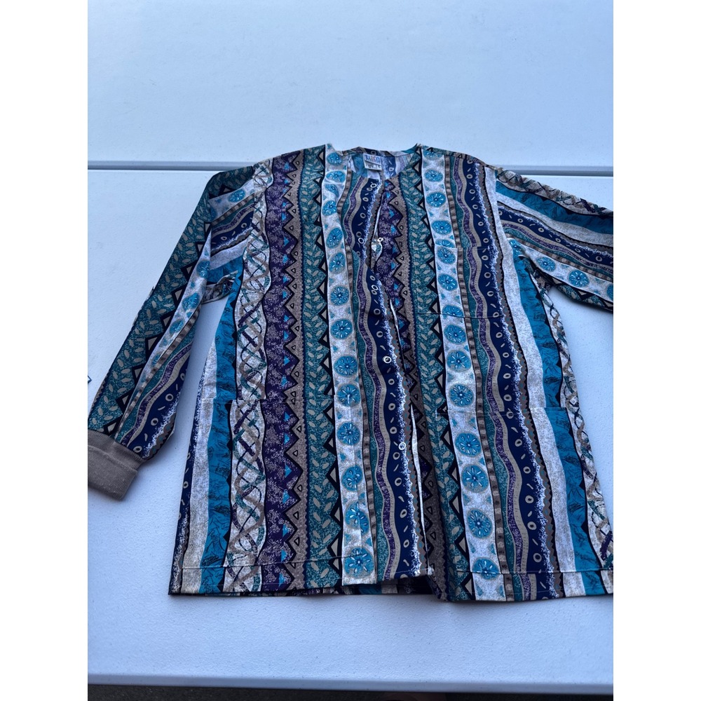 Barco Vintage Scrub Jacket XS Batik Stripe Blue Teal Snap Front Warm Up 54482